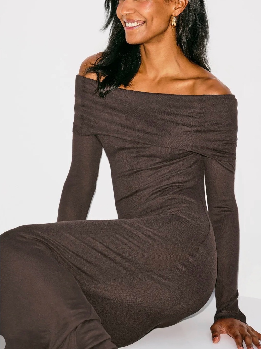 Off-Shoulder Midi Dress in Dark Brown